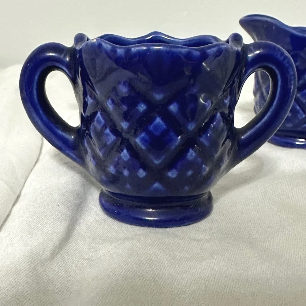 Vintage Mini Cream and Sugar Set Cobalt Blue Excellent Quilted Ceramic Tea Retro